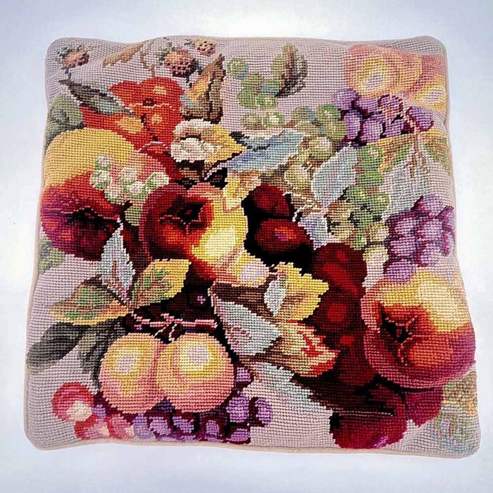 Vintage Needlepoint Pillow Tapestry Throw Pillow Floral Fruit Stitched